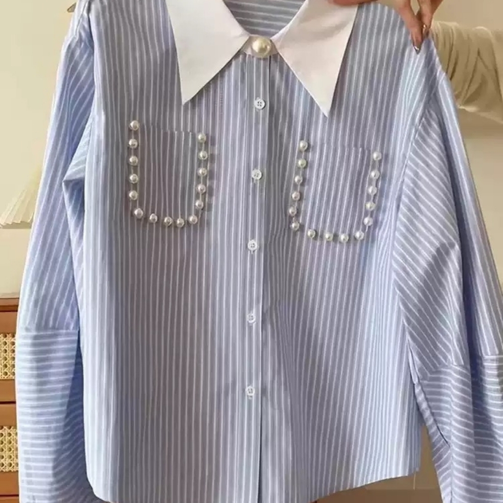 Blue Stripe Pearl Decor Pocket Shirt